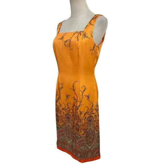 Vtg 90s Ann Taylor Orange Silk Shift Midi Dress Sz 6 Paisley Boho Cocktail Event - Picture 4 of 8